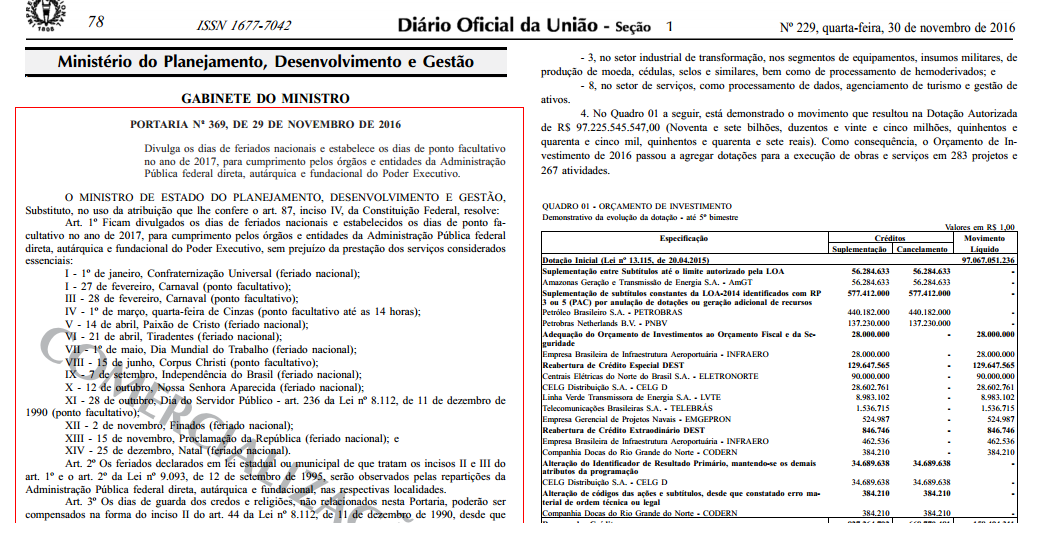 Feriados nacionais e ponto facultativo