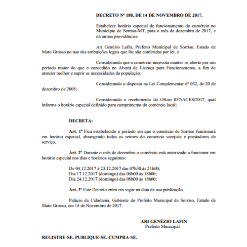 DECRETO 188/2017 – Horário de funcionamento do comércio