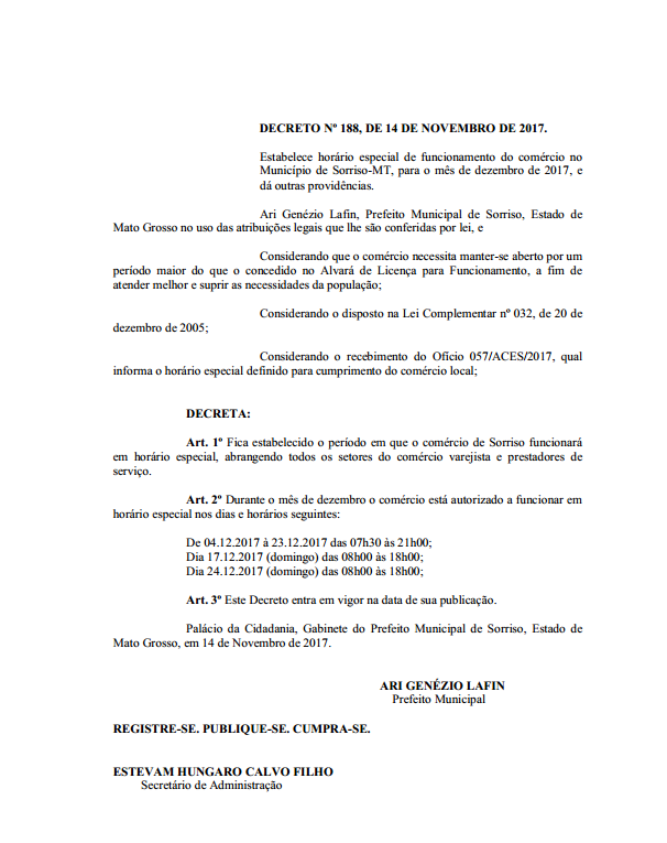 DECRETO 188/2017 - Horário de funcionamento do comércio